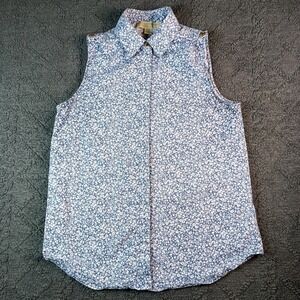Michael Kors Women's Size M Blue White Floral Sleeveless Button Down Shirt Top